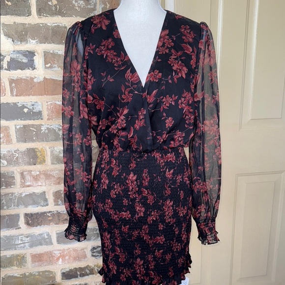 Cupshe Floral Print Long Peasant Sleeve Dress Black & Red Smocked Skirt New - Picture 1 of 12